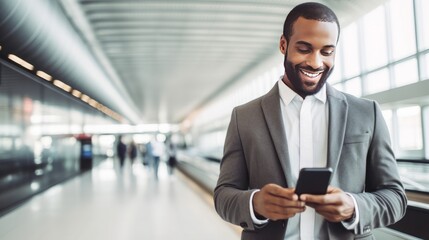 Fototapeta na wymiar Smiling man looking at smart phone in airport , generative ai