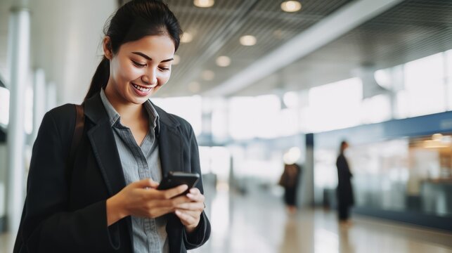 Smiling female looking at smart phone in airport,  generative ai