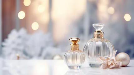 Fotobehang Stylish tender perfume composition with perfume bottles for Christmas, birthday celebration © tania_wild
