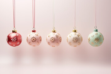 Christmas ornaments in different colors are hanging on strings and are arranged in a line. The Christmas balls are in different colors. Decorative setup that represents a holiday and winter season. 