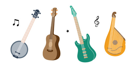 String musical instruments. Lute, violin, bandura, acoustic guitar, electric bass guitar, american banjo. Vector illustration. - obrazy, fototapety, plakaty