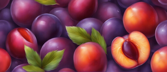 Fototapeta na wymiar Seamless background of ripe plum fruits. Generative AI.