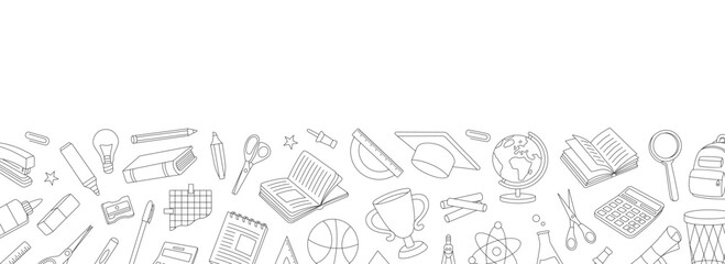 School supplies outline banner. School accessories. Trophy, diploma, notebook, microscope, pencil, paper clip, eraser, globe, scissors, calculator.