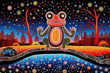 Australian Aboriginal dot painting style art dreamtime story of a frog. - obrazy, fototapety, plakaty