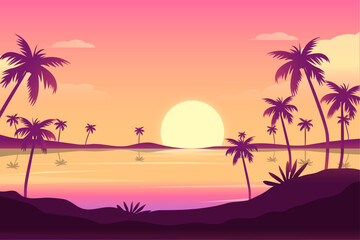 Fototapeta na wymiar Summer background with sunset and palm trees landscape gradient tropical sunset