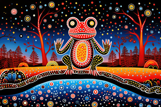 Australian Aboriginal dot painting style art dreamtime story of a frog.
