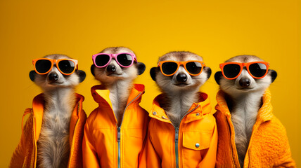 funny mongooses in glasses and flower clothes - obrazy, fototapety, plakaty