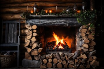 Burning firewood in the firebox of the fireplace in a wooden hut. Rustic fireplace with burning logs surrounded by firewood on all sides.