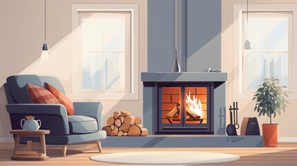 Illustration of a minimalist fireplace in a living room.
