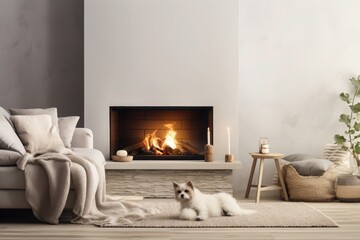 Modern, minimalist fireplace in a living room. A dog lies by the fireplace.