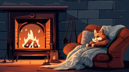Illustration of a minimalist fireplace in a living room. A dog lies by the fireplace.