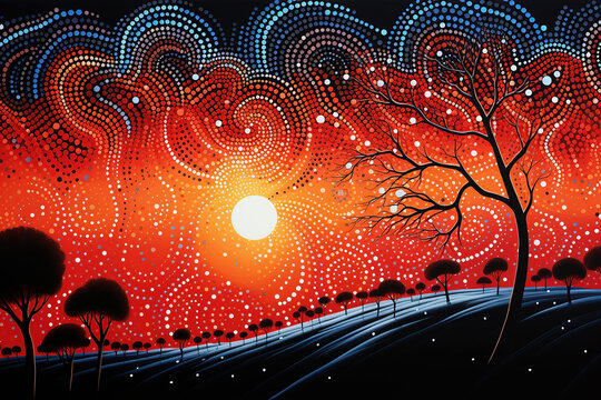 Australian Aboriginal dot painting style art dreamtime story of a night sky.