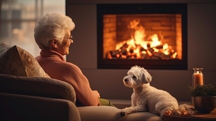 person with dog of the fireplace. - obrazy, fototapety, plakaty