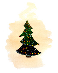 Hand drawn watercolor. Christmas tree decorated with balls. Ornament design, stiker.