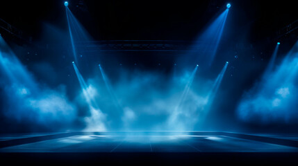 Blue Vector Spotlight Illuminating an Atmospheric Stage with Scenic Lights, Smoke, and Volume Light Effect on Black Background – Stadium Cloudiness Projector