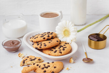 Plate of tasty cookies with chocolate chips, milk, sauce, cup of coffee and chamomile flower on white background