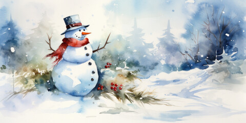 Obraz premium Watercolor painting of a snowman. Watercolor snowman in winter snowfall. Christmas illustration.