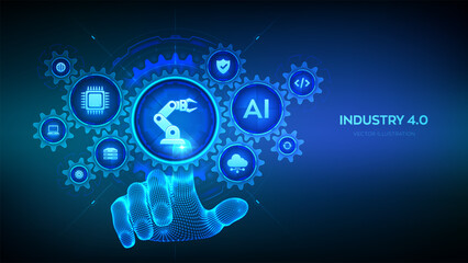 Smart Industry 4.0 concept. Factory automation. Autonomous industrial technology. Industrial revolutions steps. Wireframe hand touching digital interface with connected gears cogs and icons. Vector.