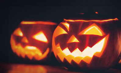 暗闇の中、口と目を光らすかぼちゃ