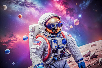 Astronaut wearing spacesuit exploring new planets and galaxies in space - obrazy, fototapety, plakaty