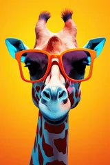 Fotobehang funky portrait of a giraffe with sunglasses. illustrative design.  © CreativeCreations