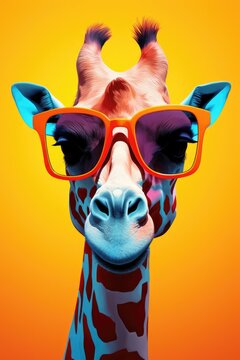 funky portrait of a giraffe with sunglasses. illustrative design. 