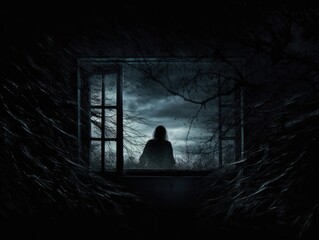 spooky scene of an window with a scary silhouette. 