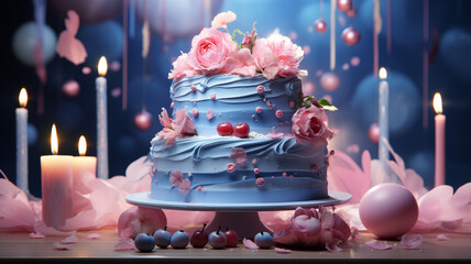 Gender reveal party, he or she, blue and pink colors, congratulations celebrate newborn baby pregnancy surprises baloons cake gifts confetti banner poster copy space background greeting card.