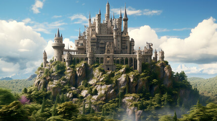 Obraz premium Very huge and beautiful castle, very original architecture, on top of the mountain surrounded by nature and stones, Generative AI
