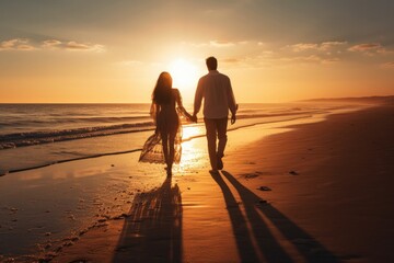 romantic image of a couple at the beach during sunset.  - obrazy, fototapety, plakaty