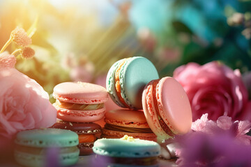 Assortment of colorful macarons with floral decorations in a sunlit outdoor setting, capturing a sweet and vibrant dessert display