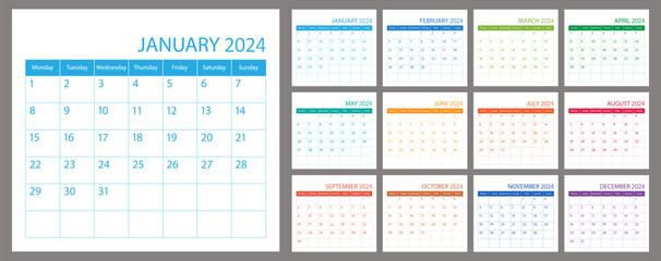Calendar planner 2024, vector schedule month calender, organizer template. Week starts on Monday. Business personal page. Modern simple illustration - obrazy, fototapety, plakaty