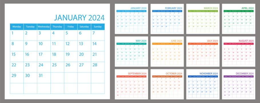 Calendar planner 2024, vector schedule month calender, organizer template. Week starts on Monday. Business personal page. Modern simple illustration