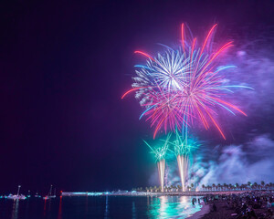 Malaga Fair Fireworks at Malagueta Beach, in Málaga, Spain. Fuegos artificiales en la playa de la...