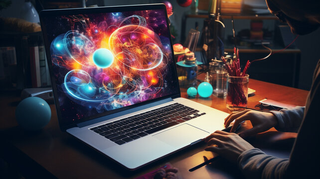 laptop with abstract colorful screen. high quality photo