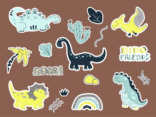 Cute dinosaurs hand drawn vector stickers. Dino flat cliparts. Sketch prehistoric animals. Jurassic reptiles doodle drawing. Scandinavian style Isolated drawings. Vector illustration