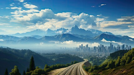  A highway leads towards a modern cityscape nestled at the foot of towering mountains, with lush greenery on either side and a clear blue sky above.