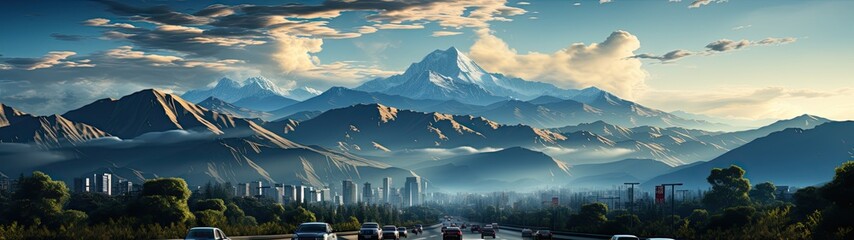  A panoramic view of a highway leading into a city, flanked by green trees and tall residential buildings, with the majestic mountains and a dramatic cloudy sky in the background.