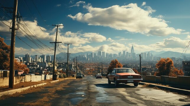A sunlit suburban street descends towards a bustling city skyline, flanked by overhead power lines and a classic car driving on the wet road after a rain.