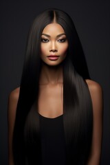 Fototapeta premium Asian woman with long strait hair, advertising black background