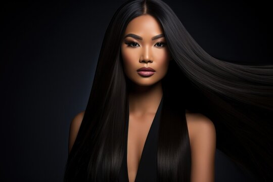 Asian woman with long strait hair, advertising black background