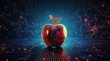 Futuristic red apple fruit with circuit big data technology. AI generated image - obrazy, fototapety, plakaty