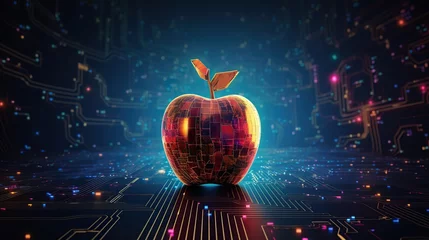 Fotobehang Futuristic red apple fruit with circuit big data technology. AI generated image © prastiwi
