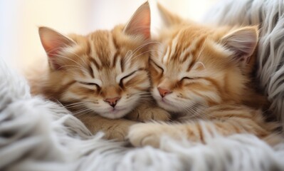 Naklejka na ściany i meble Two kittens hugging and sleeping on a light blanket