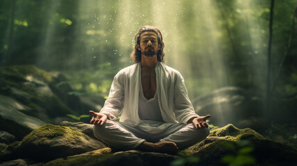 young man meditating in the forest - obrazy, fototapety, plakaty