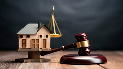 wooden judge gavel and house model with scales. justice and law theme. law and justice concept.
