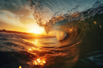 Stunning ocean wave at sunset with golden reflections, capturing the beauty of nature and the power of the sea