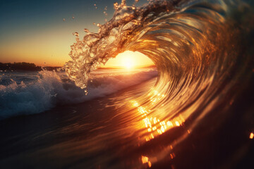 Stunning ocean wave at sunset with golden reflections, capturing the beauty of nature and the power of the sea
