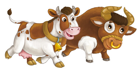 cartoon scene with happy farm animal cow and bul looking and smiling having fun together isolated illustration for children