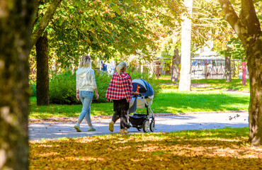 Two womans with a baby stroller are walking in the autumn park
